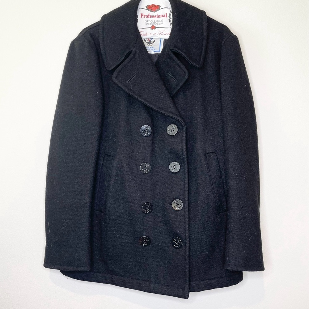 Vintage Wool Pea Coat Men's S Sterlingwear Black Double Breasted Made in USA
